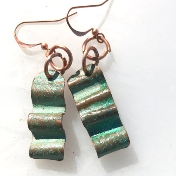 Solid Copper Patina Green Verdigris Earrings Drop Dangle Form Folded Brutalist - Picture 2 of 11